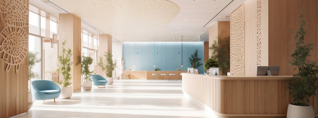 Contemporary hotel lobby with reception desk and lounge seating